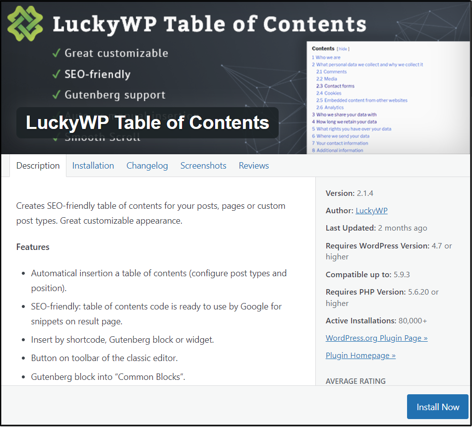 Lucky WP Table of Contents